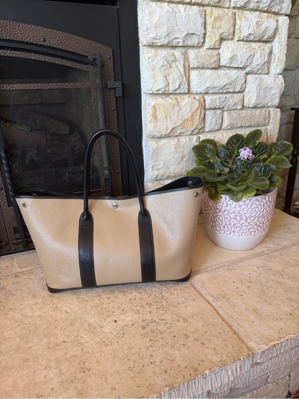 Hermès Garden Party 36 Beige Canvas & Black Leather Tote Bag